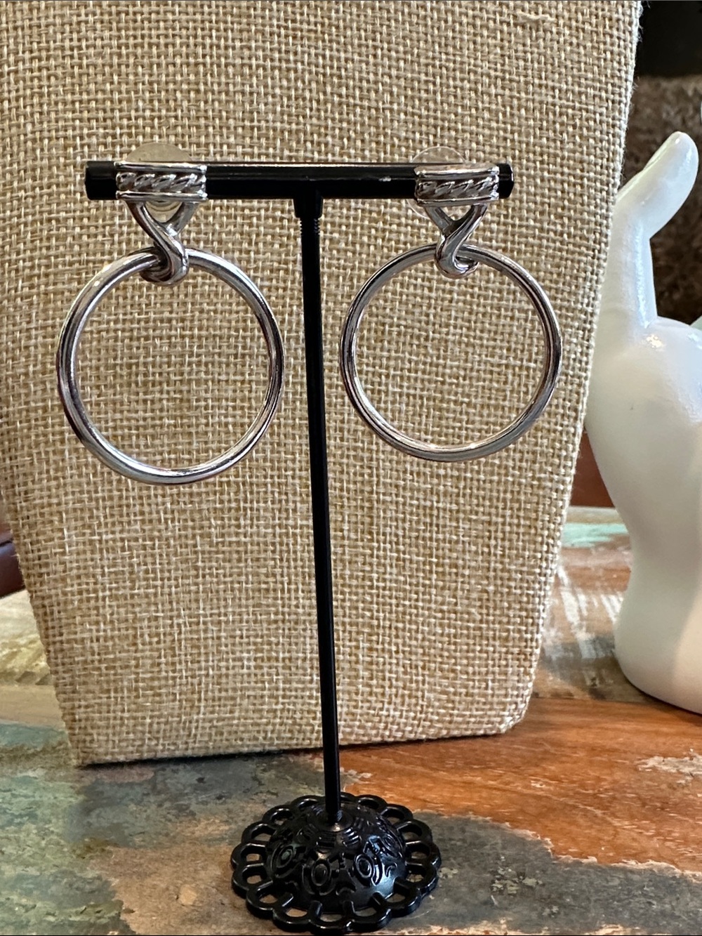 Silver-Tone Sculptural Hoop Drop Stud post Earrings